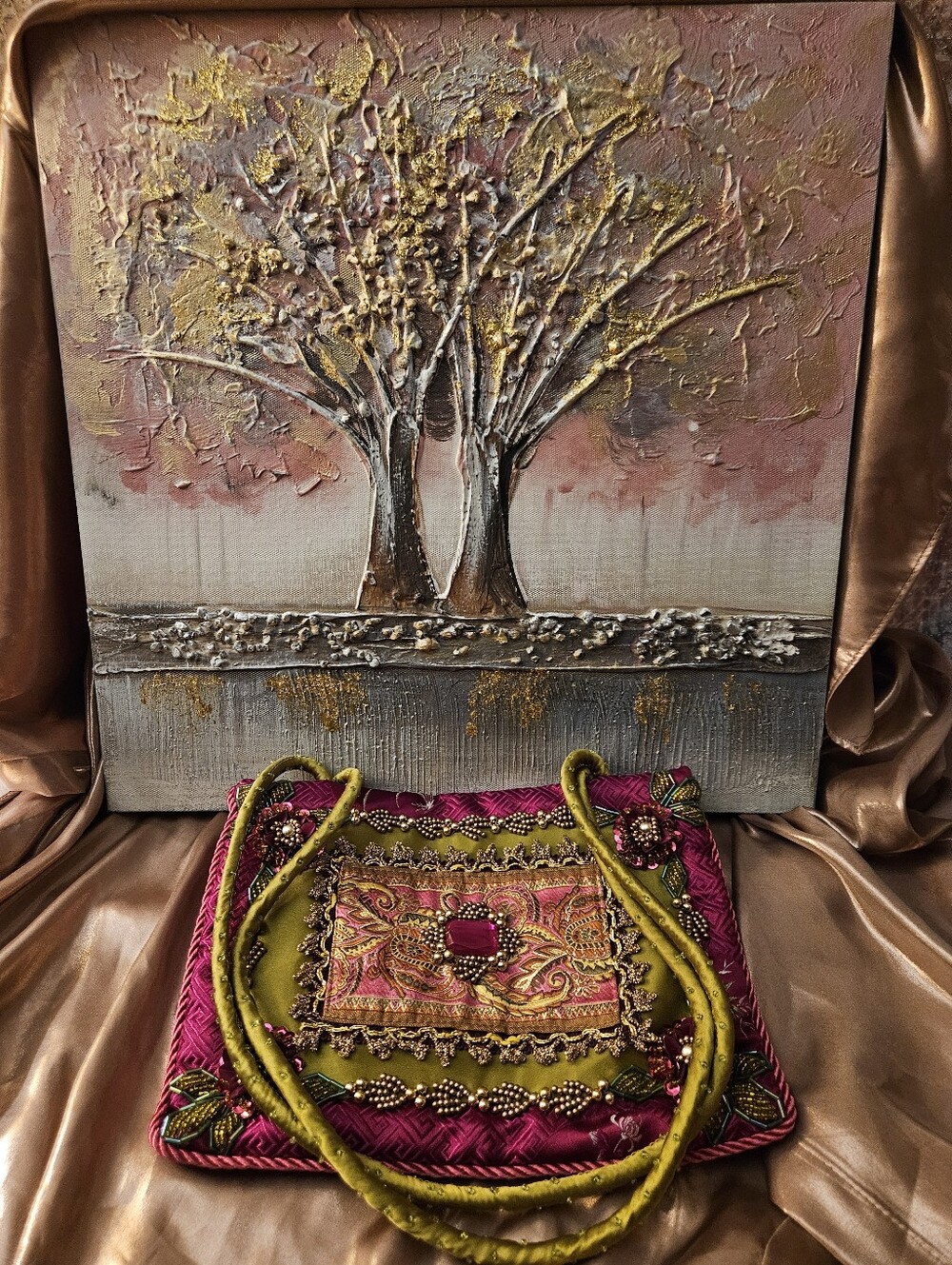 Handcrafted Pink and Olive Embellished Women’s Vintage Bag